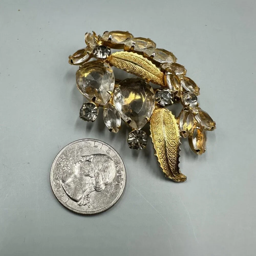Vintage Clear Rhinestone Brooch Gold Tone Textured Leaf Pear Navette Pin